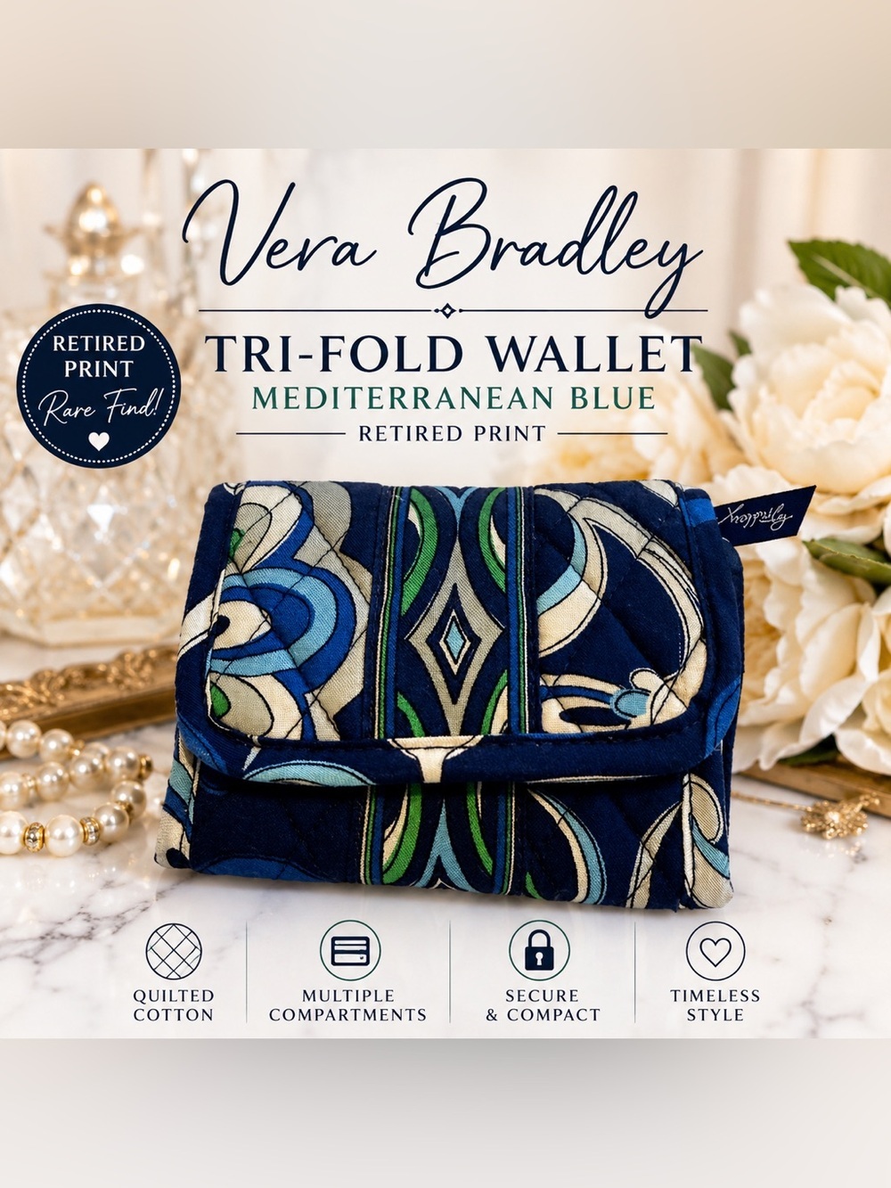 Vera Bradley Tri-Fold Wallet Mediterranean Blue Quilted Organizer